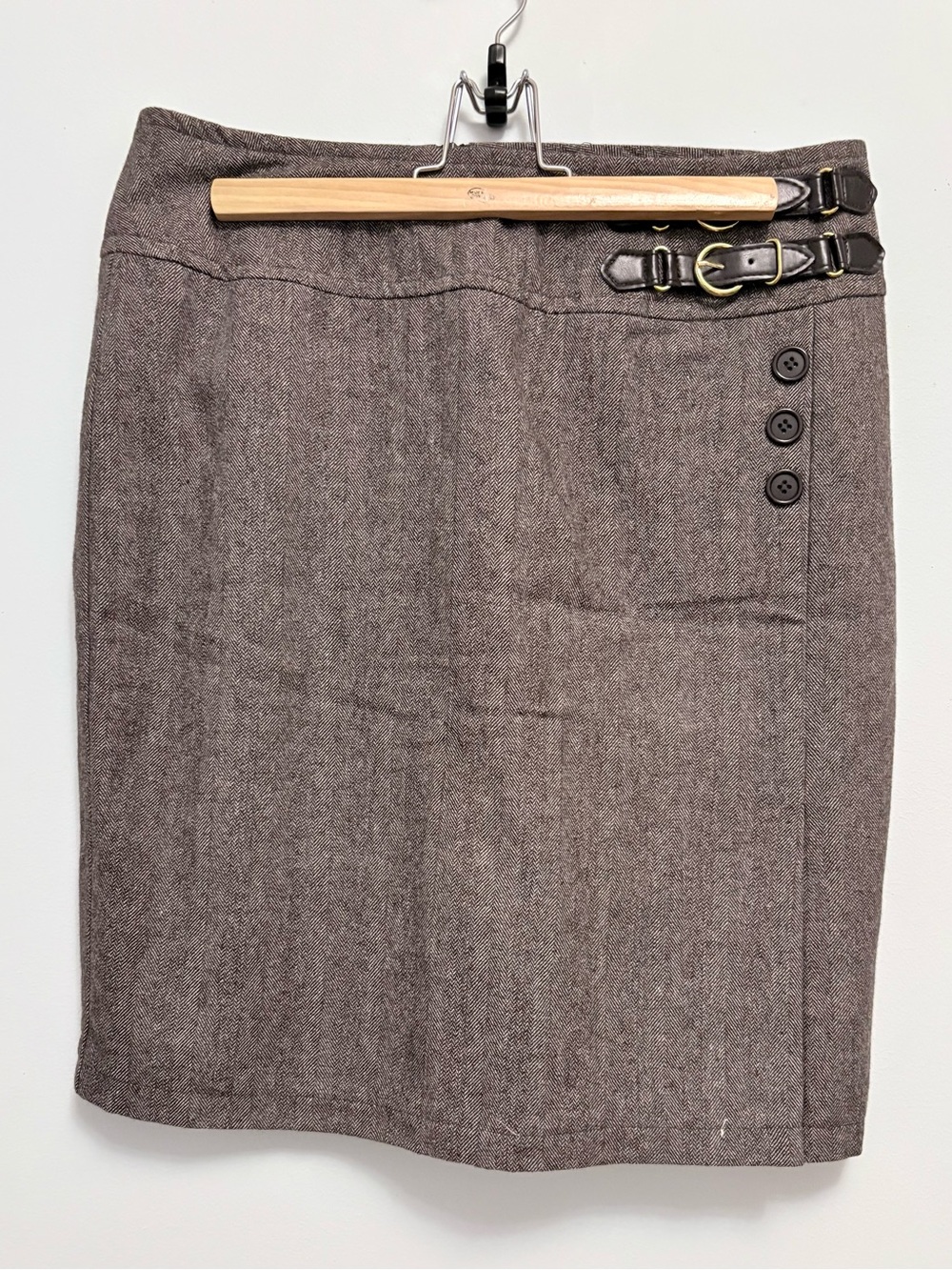 Brown Tweed Pencil Skirt with Side Buckle Detail
